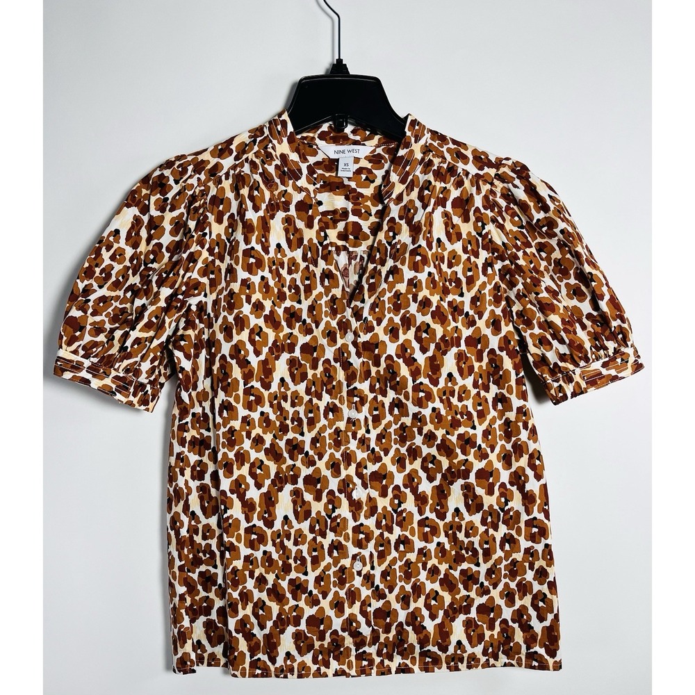Nine West Womens Leopard/Animal Print ButtonUp‎ Blouse/Shirt Sz:XS